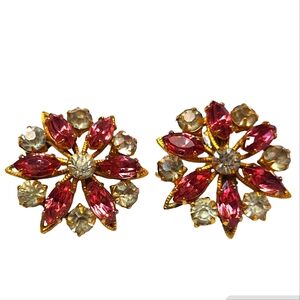 Vintage Flower Gold Tone Pink And Clear Rhinestone Clip On Earrings